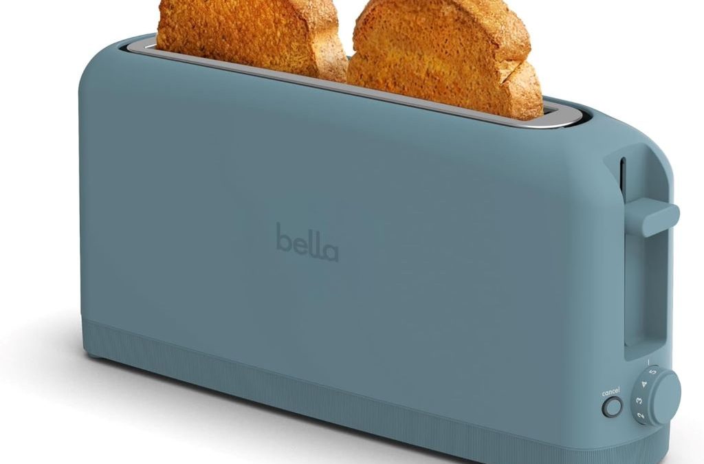 Bella 2-Slice Slim Toaster in Surf color with long 10-inch slots and sleek compact design.