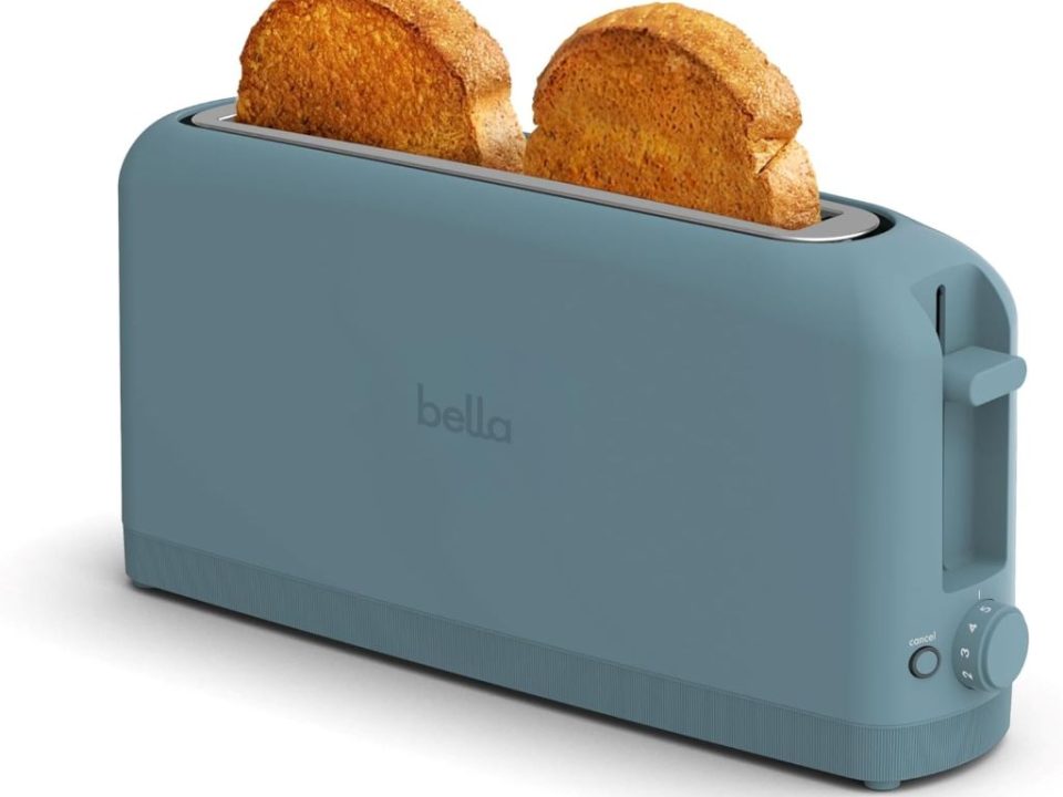 Bella 2-Slice Slim Toaster in Surf color with long 10-inch slots and sleek compact design.