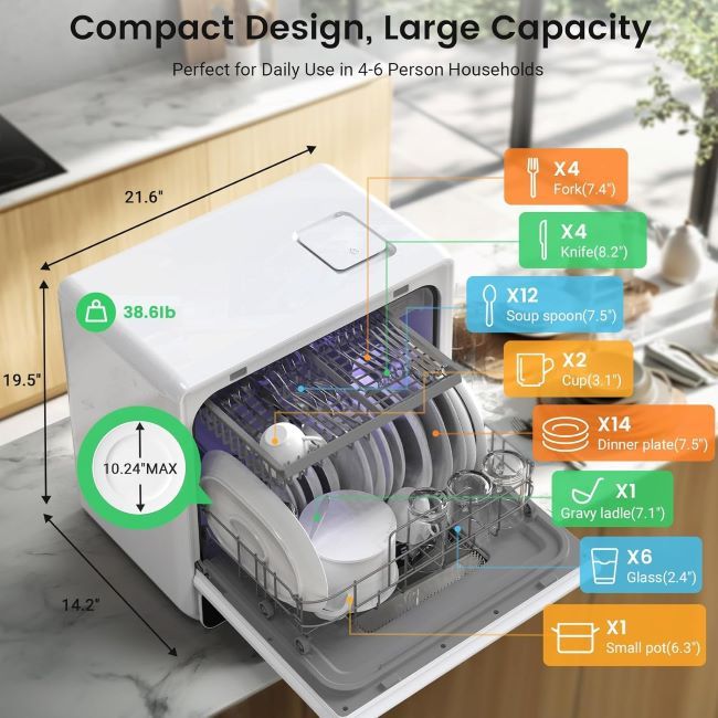BLITZHOME countertop portable dishwasher on kitchen counter cleaning dishes efficiently