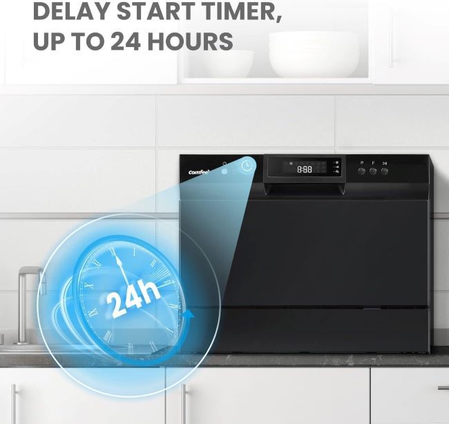 COMFEE’ countertop dishwasher showing 6 place settings and versatile washing modes