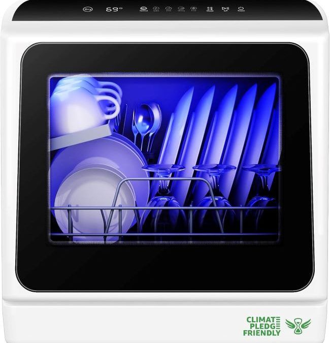 EUHOMY portable countertop dishwasher on kitchen counter with open door and clean dishes inside