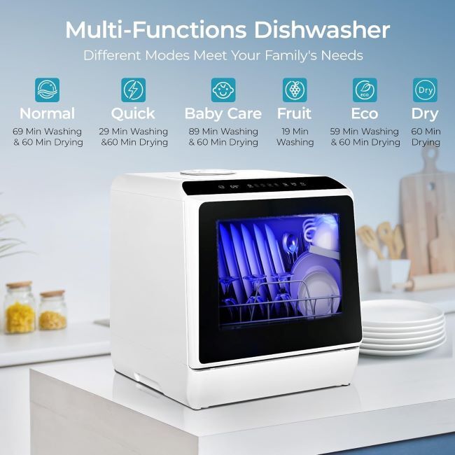 Compact EUHOMY mini dishwasher showing 5L built-in water tank and control panel