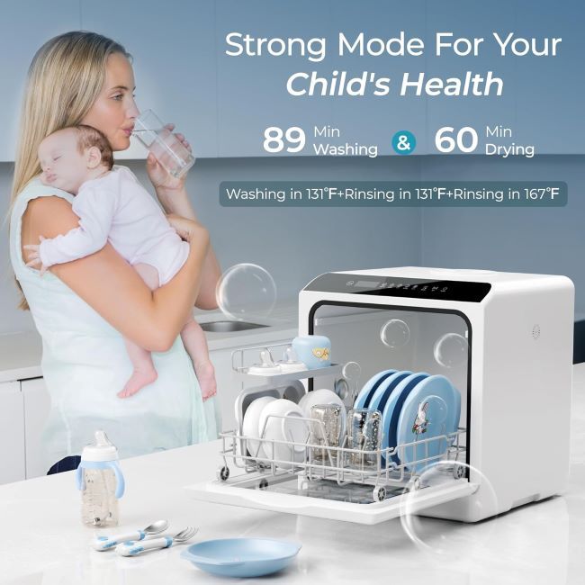 Small EUHOMY dishwasher in apartment kitchen running high-temperature cleaning cycle