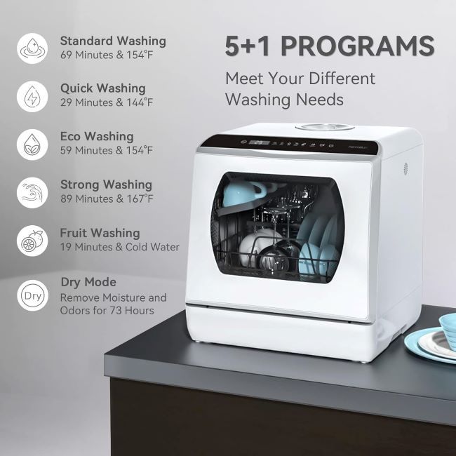 5-program Hermitlux countertop dishwasher for efficient home dishwashing.