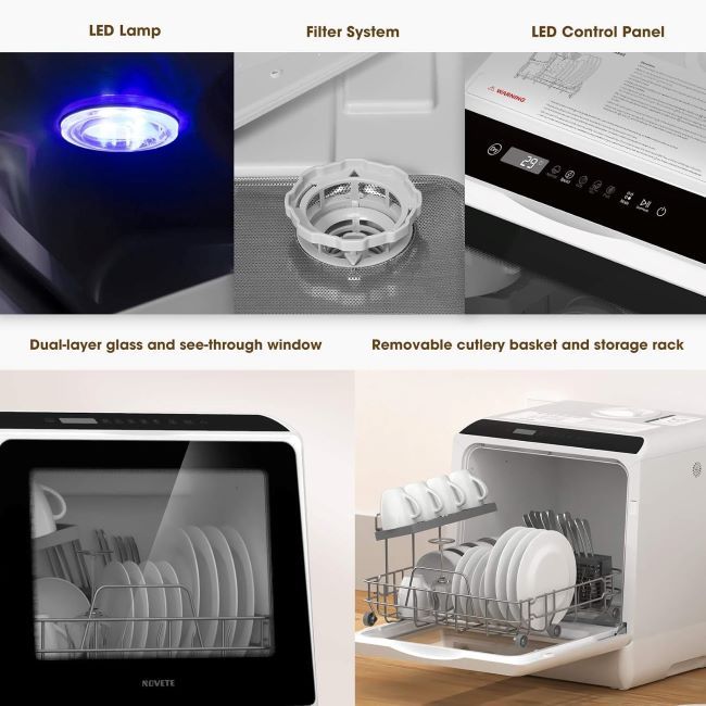 Compact NOVETE dishwasher cleaning dishes in a small apartment kitchen