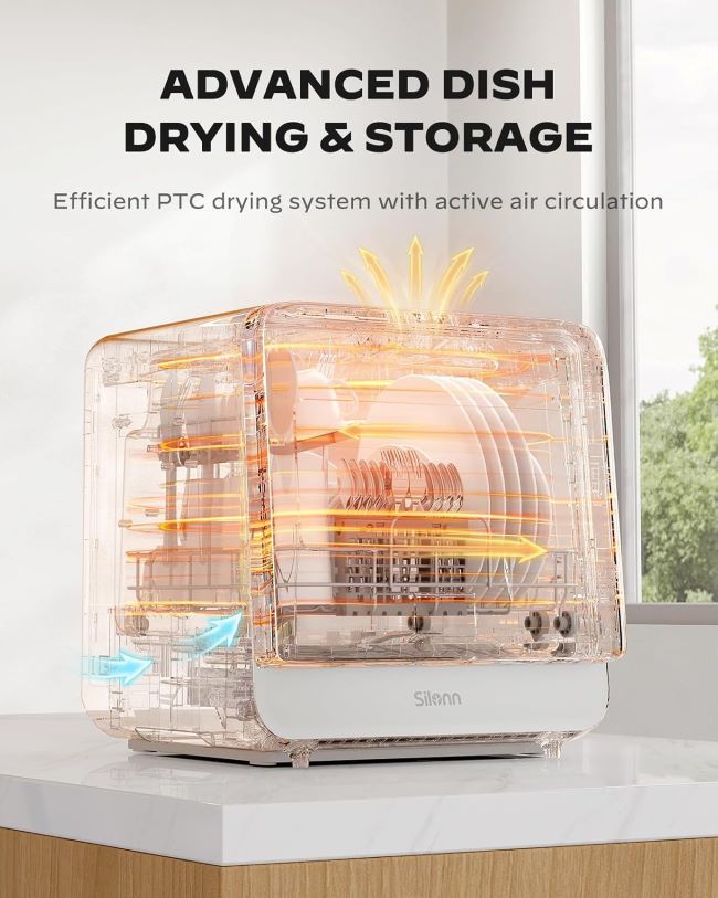 Close-up of Silonn countertop dishwasher showing control panel and 4 place settings