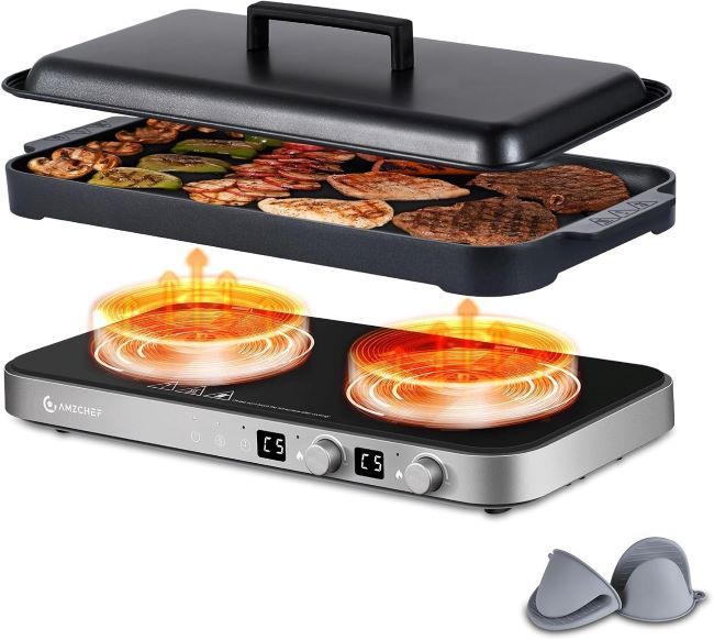 AMZCHEF 2-burner portable induction cooktop with removable non-stick griddle pan in iron grey.