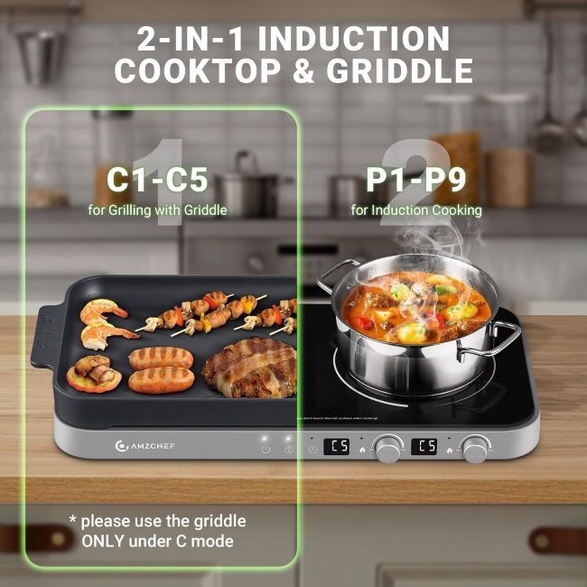 Double burner AMZCHEF induction cooktop, portable design, sensor touch controls, and non-stick surface.