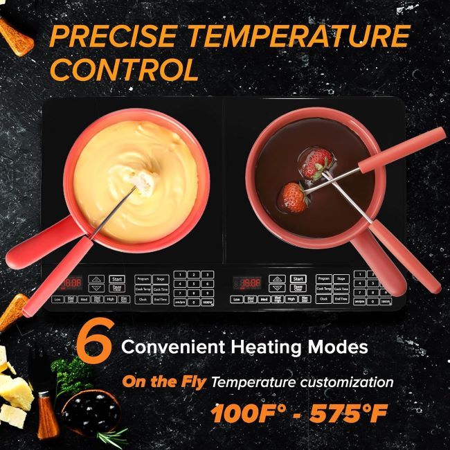 Close-up of NuWave dual-burner induction cooktop showing temperature settings