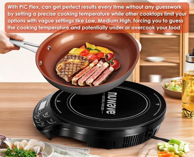 Compact Nuwave Flex cooktop offering 45 temperature levels and 3 wattage settings for versatile cooking.