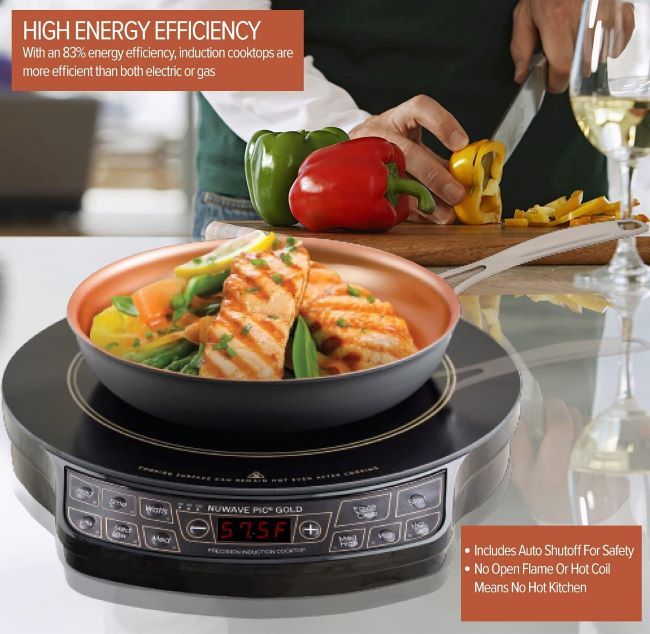 Portable NuWave Gold induction cooktop featuring 3 wattage settings and precise temperature control.