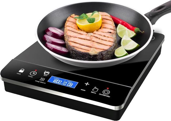 Sleek OMEO portable countertop burner with auto shutoff and LCD touch panel in modern kitchen.