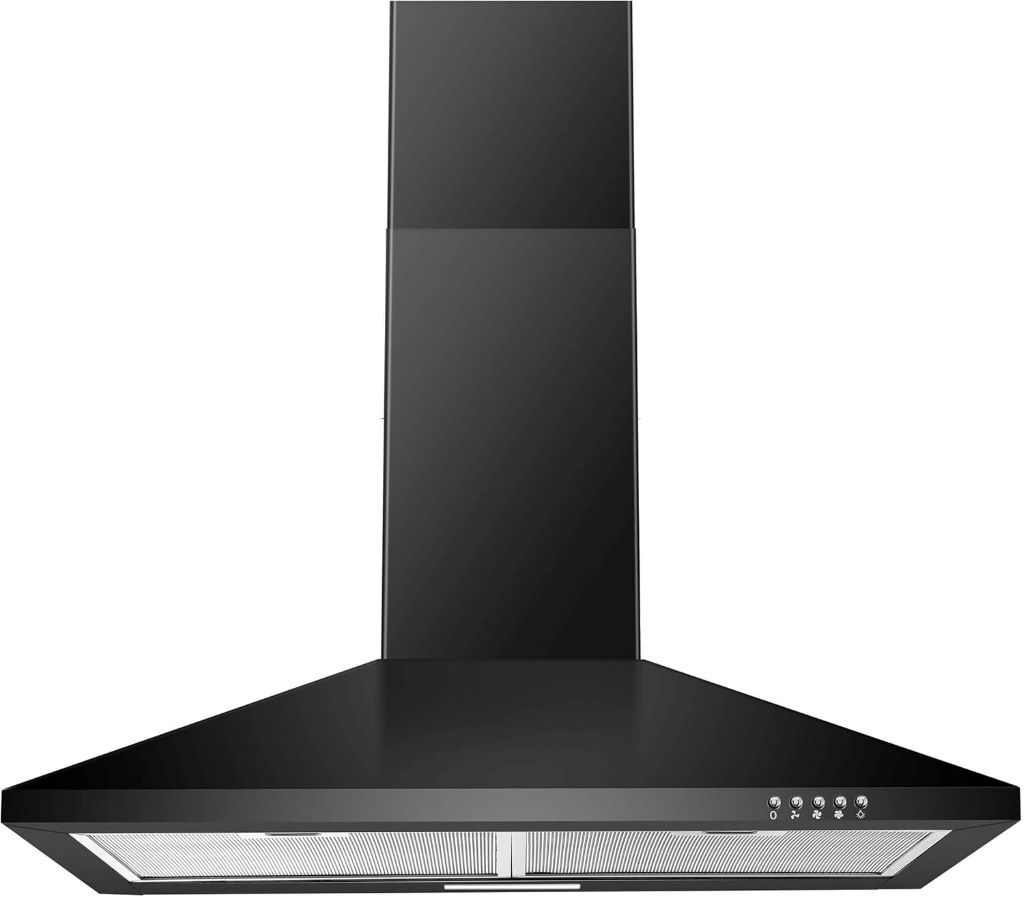 Close-up of SNDOAS range hood showing button controls and LED lighting
