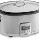 All-Clad 7-Quart stainless steel electric slow cooker with LCD timer and aluminum insert on kitchen counter.