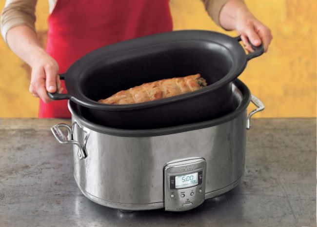 All-Clad electric slow cooker, 7-quart capacity, stainless steel finish, perfect for small kitchen appliances.