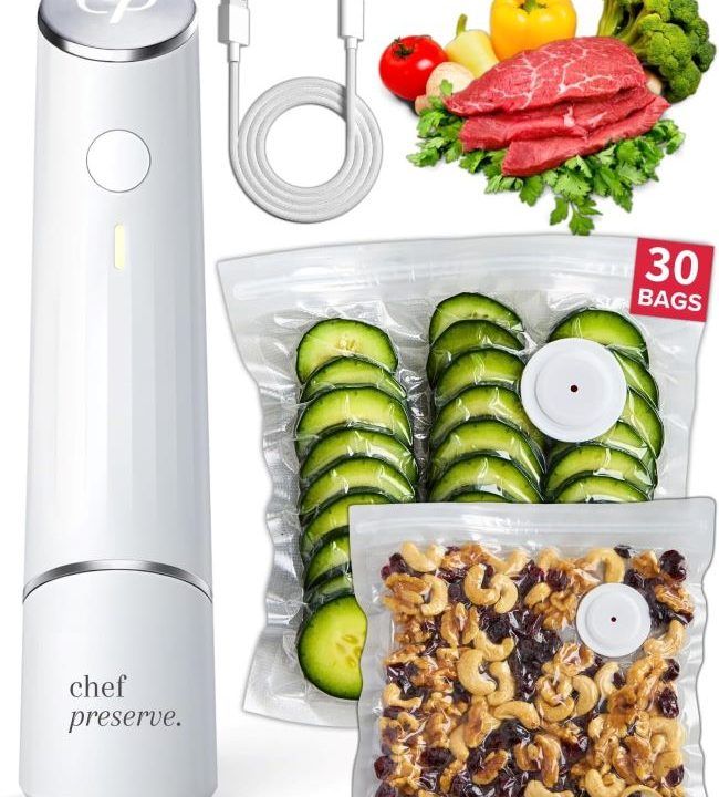 Chef Preserve compact vacuum sealer with 30 reusable bags for sealing meals.
