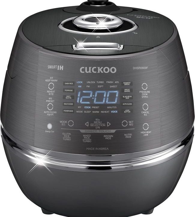 Cuckoo 6-Cup induction heating rice cooker with 21 cooking menus and voice guide.
