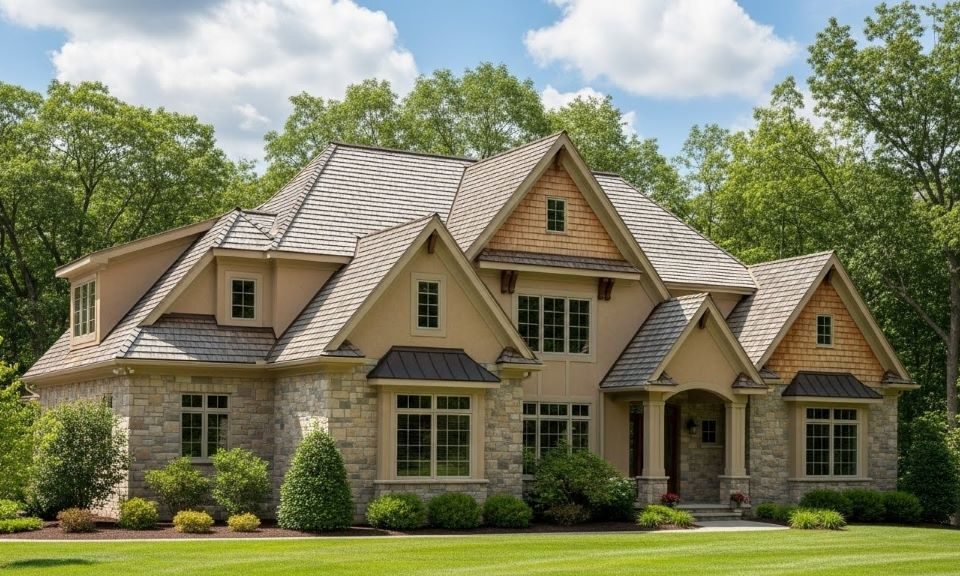 Mixed roof home featuring cross gable roof design with multiple intersecting triangular roof sections