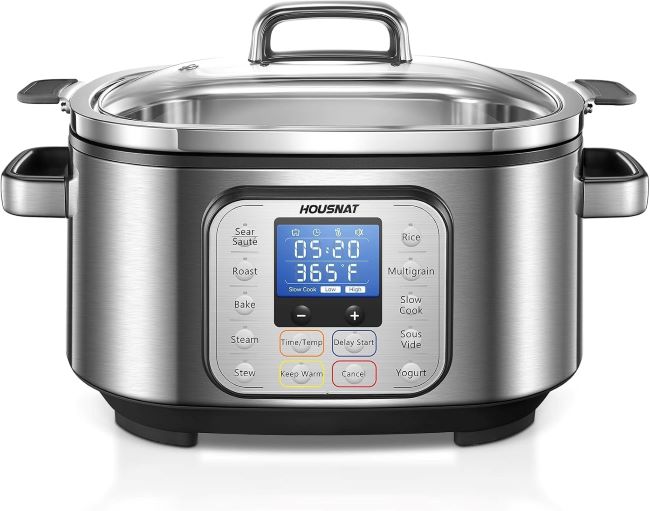 HOUSNAT 10-in-1 6QT programmable slow cooker with digital display and stainless steel finish.