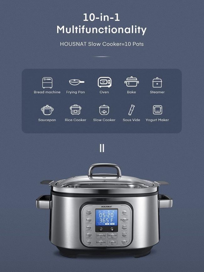 Versatile HOUSNAT slow cooker for rice, yogurt, and more, ideal for large families.