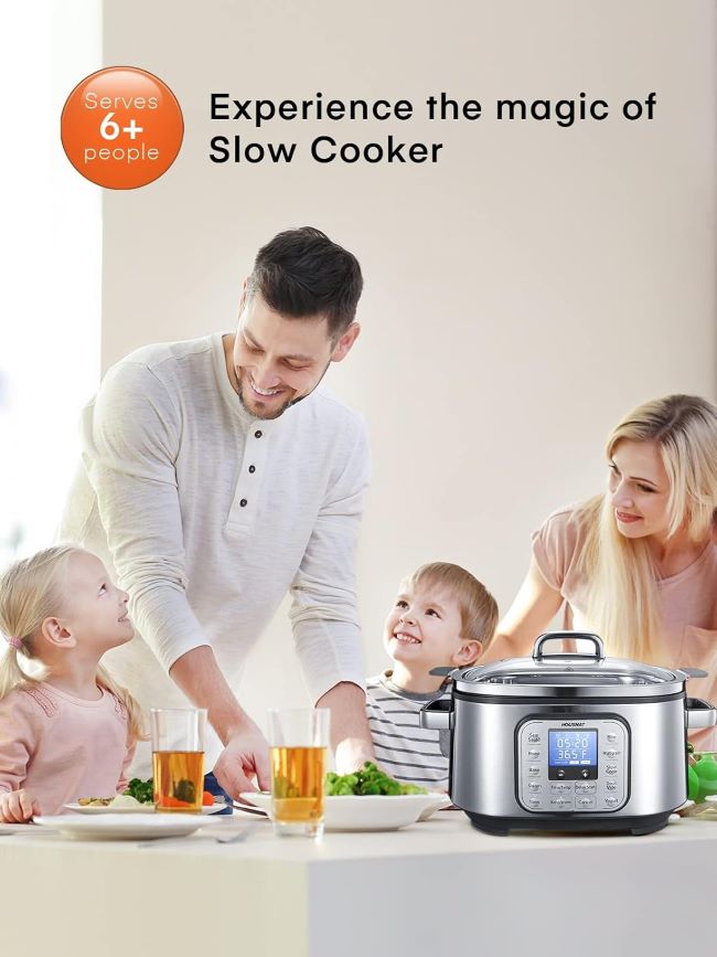 Digital 6QT HOUSNAT 10-in-1 multi-cooker with adjustable temperature and delay start.