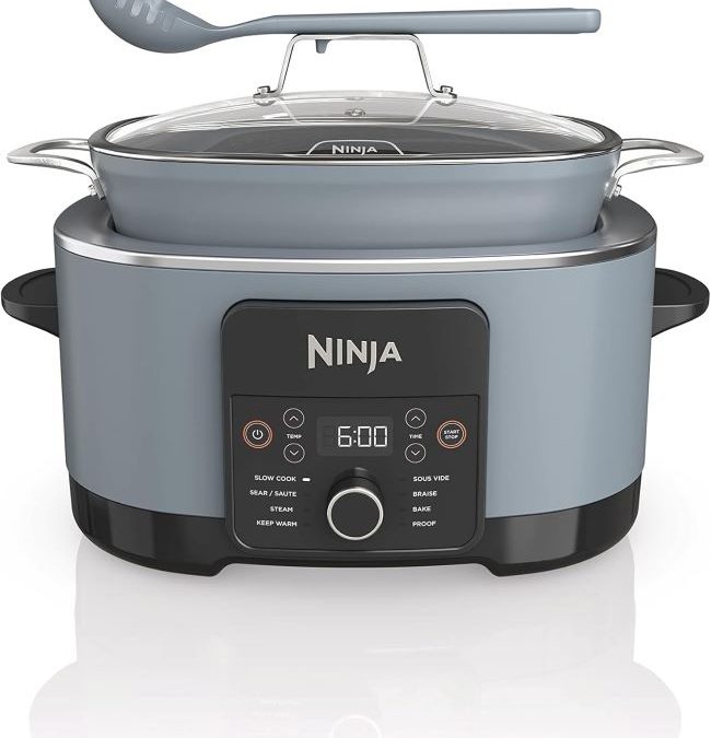Ninja MC1001 Foodi 8-in-1 multi-cooker in Sea Salt Gray with slow cook, steam, and Dutch oven functions.