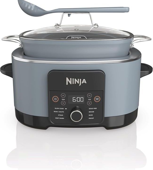 Ninja MC1001 Foodi 8-in-1 multi-cooker in Sea Salt Gray with slow cook, steam, and Dutch oven functions.