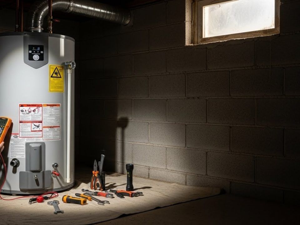 Technician performing water heater troubleshooting in home utility room