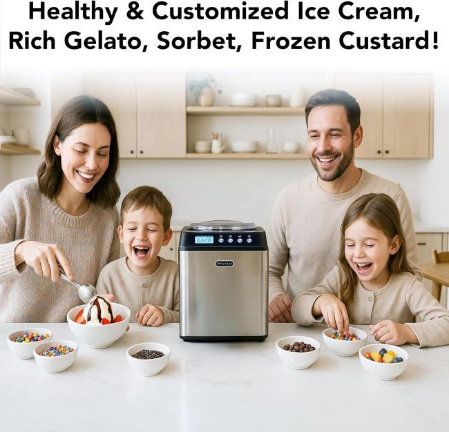 Whynter ICM-201SB upright ice cream machine, no pre-freezing needed, LCD timer visible