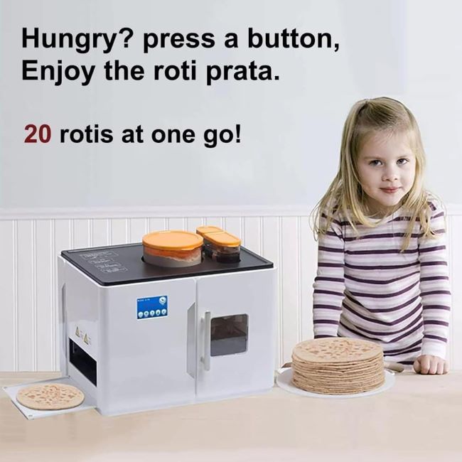 One-button ZYLDDS roti machine producing rotis, naan, and tortillas.