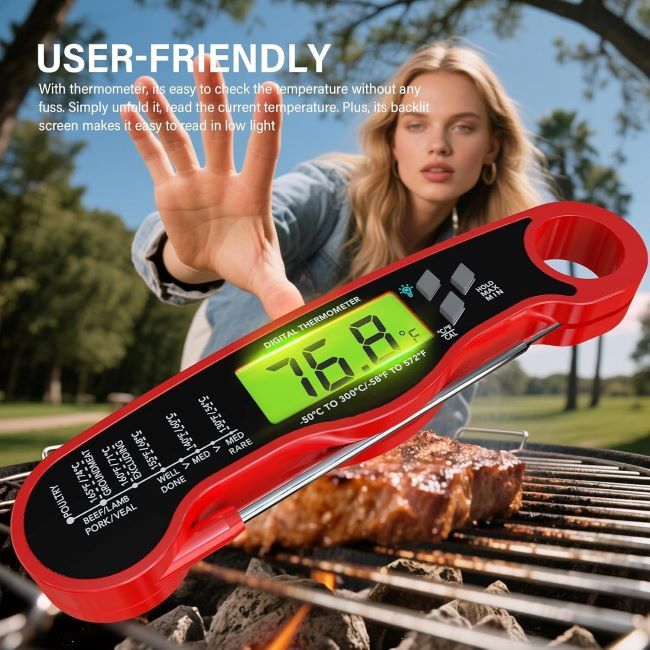 Red AWLKIM instant-read thermometer with backlight, perfect for kitchen, grill, and candy making.