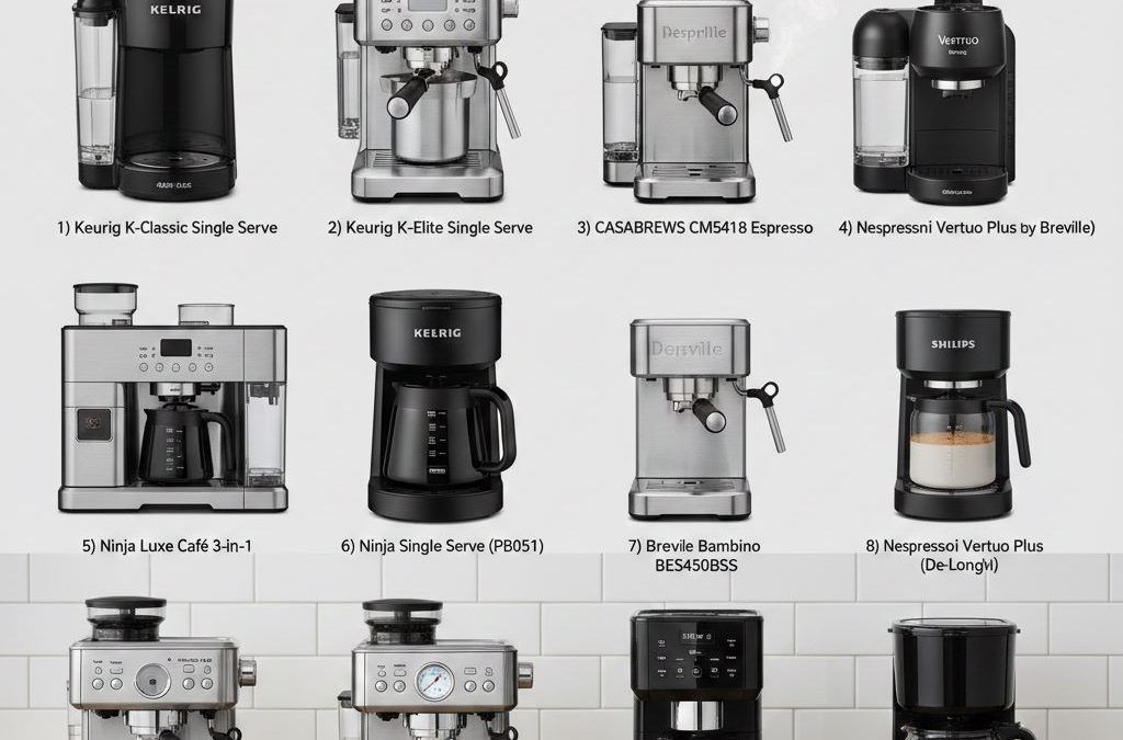 Best coffee makers comparison showing single-serve, espresso, and drip coffee machines for home brewing choices