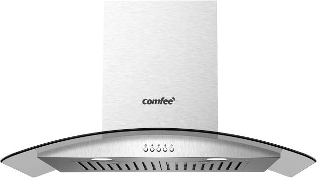 COMFEE CVG30W8AST 30-inch ducted wall mount range hood with curved glass and stainless steel finish