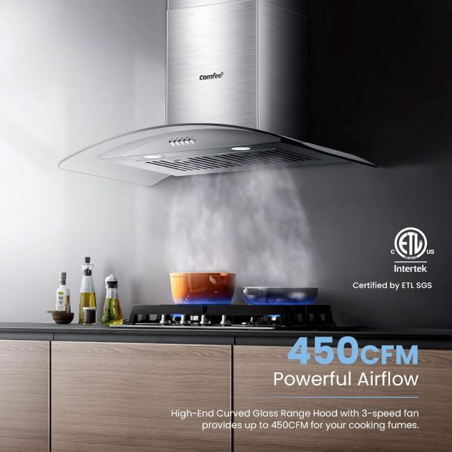 Convertible ducted/ductless COMFEE CVG30W8AST kitchen range hood with modern design