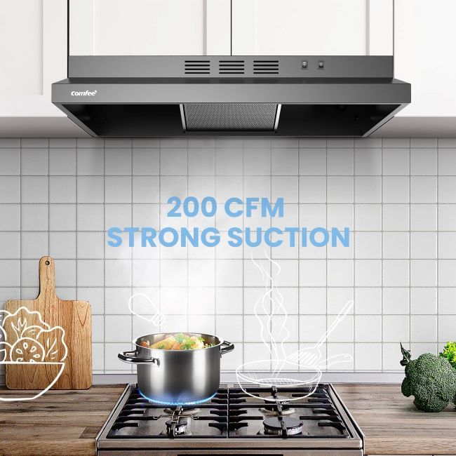 Comfee 30-inch stainless steel under cabinet range hood installed in modern kitchen