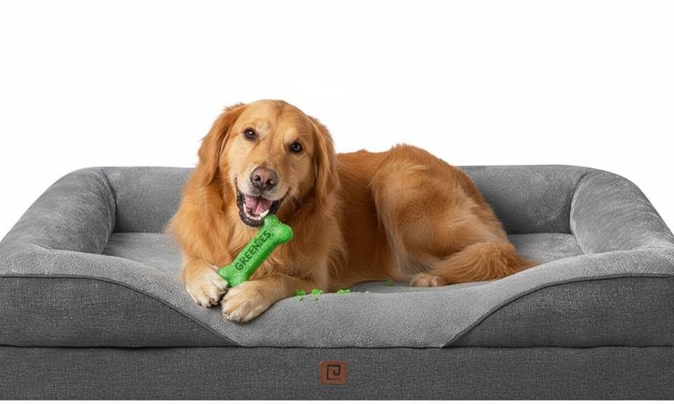 Happy dog chewing on Greenies dental treat for clean teeth