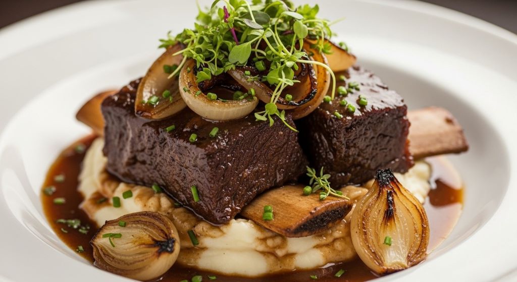 Fork-tender braised beef short ribs with caramelized onions and fresh herbs on white plate