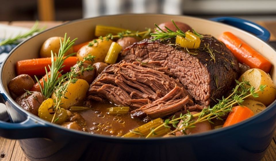 Tender slow-cooked beef chuck roast in Dutch oven with vegetables and rich brown gravy