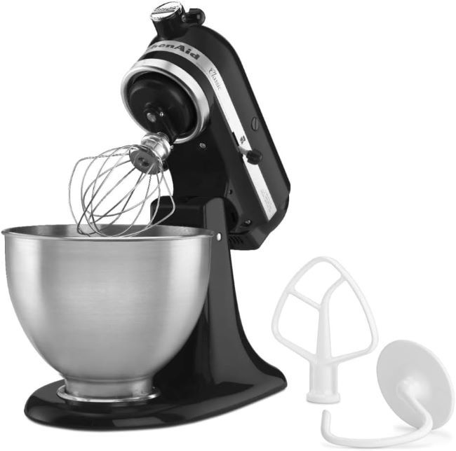 KitchenAid Classic 4.5 quart tilt-head stand mixer in Onyx Black on kitchen counter