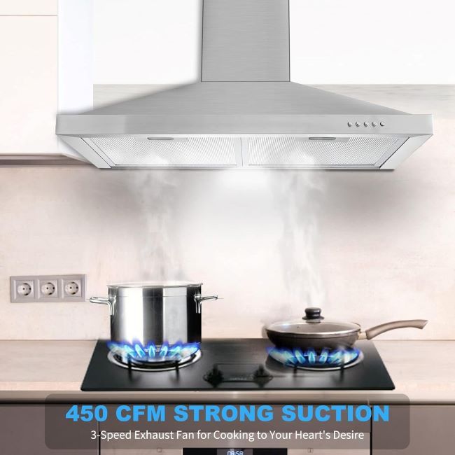Tieasy 30-inch wall mount range hood with stainless steel chimney, LED light, and 3-speed fan