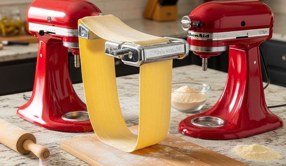 KitchenAid stand mixer with pasta roller attachment producing thin sheets of homemade lasagna dough
