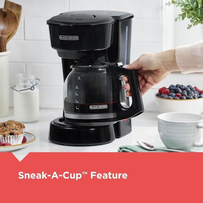 BLACK+DECKER 12-Cup Coffee Maker with easy on/off switch, non-drip carafe, removable filter basket, and vortex technology, black