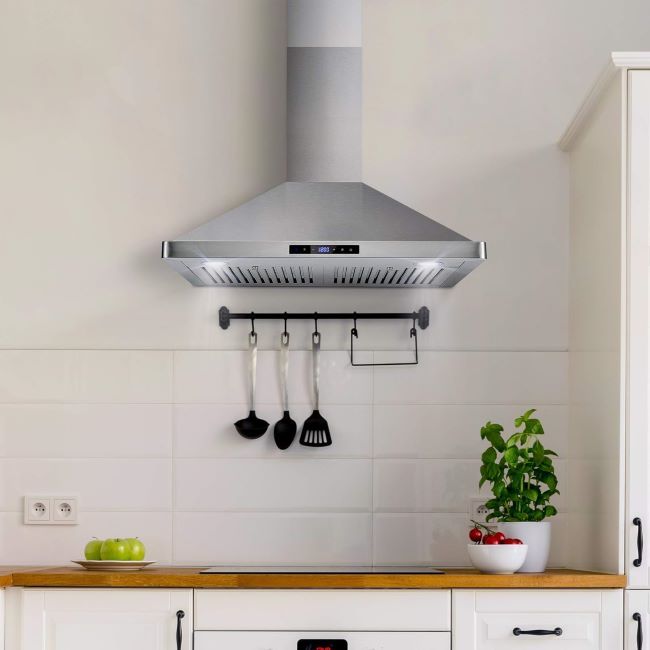 COSMO 30-inch wall mount range hood with 380 CFM airflow, touch controls, LED lights, and stainless steel finish