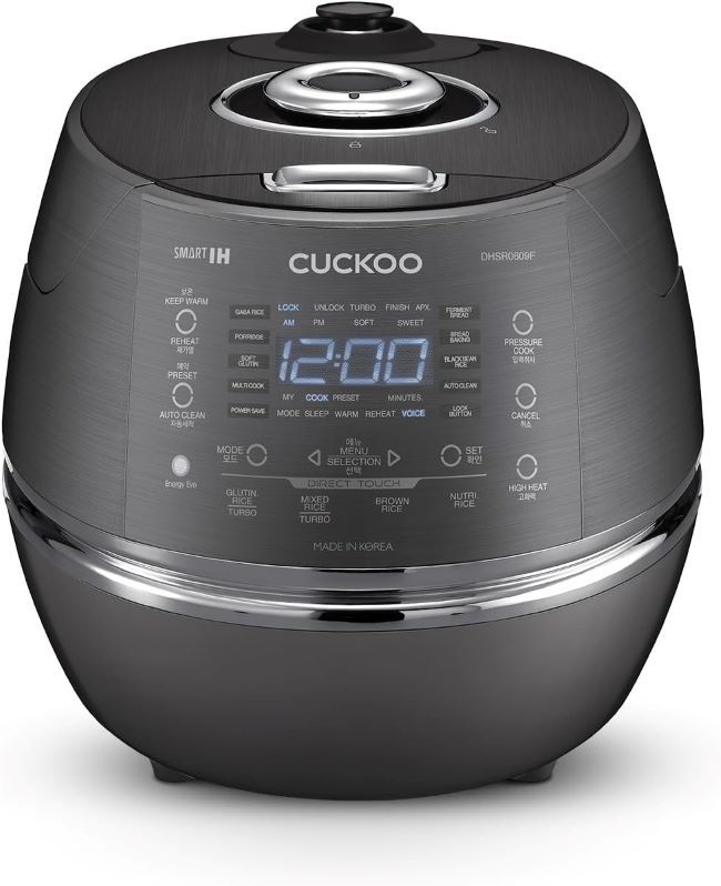 CUCKOO High Pressure Rice Cooker, 6-cup uncooked / 12-cup cooked, induction heating, 13 menu options, voice guide, dark gray