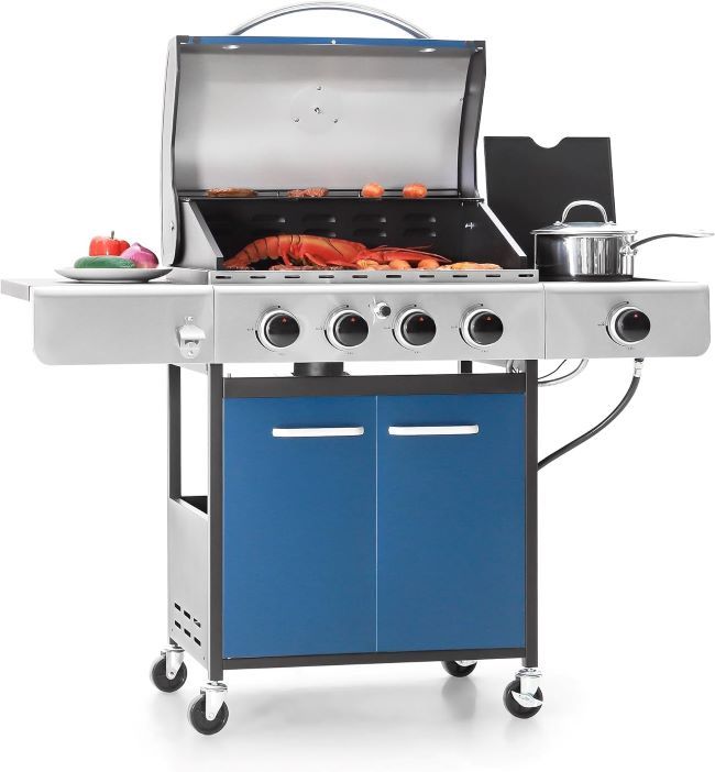 Captiva Designs 4-burner propane gas BBQ grill with side burner and cast iron grates for outdoor backyard cooking