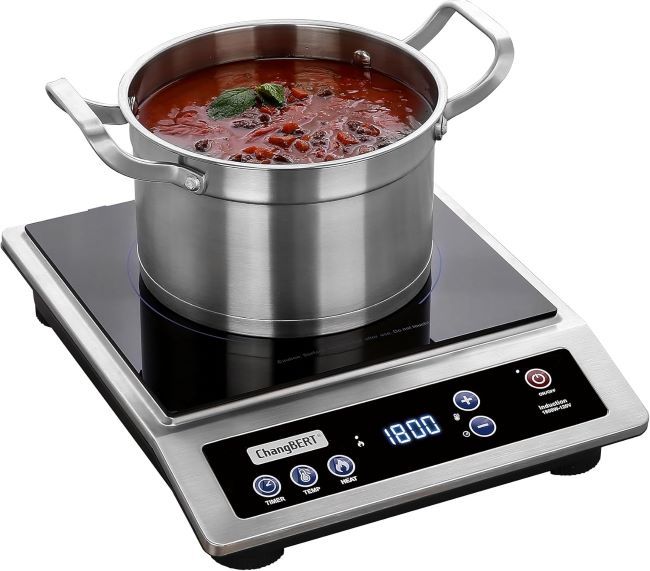 ChangBERT commercial induction cooktop with 1800W power, stainless steel body, large heating coil, and long timer function