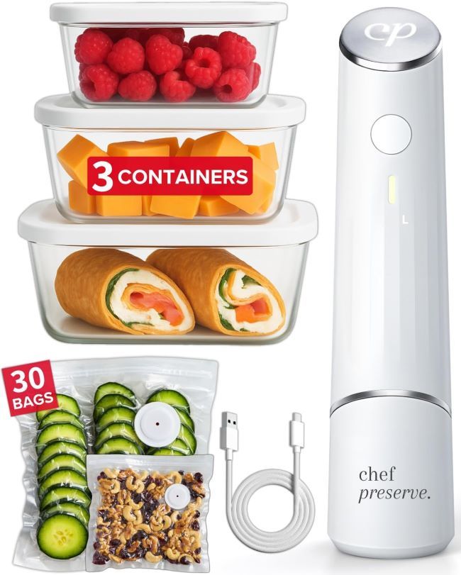 Compact vacuum sealer kit with glass containers and reusable bags for long-term food storage