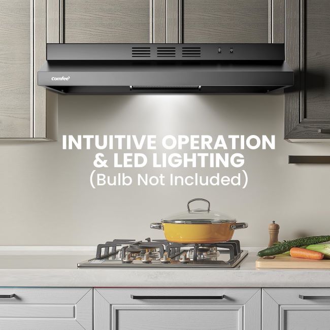 Comfee 30-inch under cabinet range hood with reusable filters, 200 CFM airflow, and simple 2-speed exhaust system