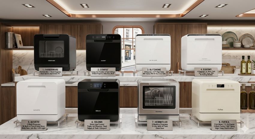 Best affordable countertop dishwashers in California showing compact models designed for small kitchens with powerful cleaning performance in 2026
