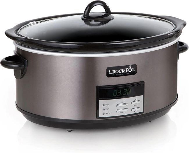 Crock-Pot Large 8-Quart Programmable Slow Cooker in black stainless steel with auto-warm setting
